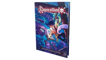A vibrant RPG book titled "Rapscallion" features an illustration of a character with flowing hair, dressed in a white shirt and colorful accessories, holding an open book while being surrounded by swirling blue waters and an octopus. The background includes hints of a ship's structure, enhancing the nautical theme. The cover prominently displays the text "A Swashbuckling Roleplaying Game" along with a skull and crossbones emblem.