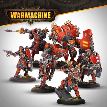 A Khador warband from Warmachine features five miniatures prominently displayed. The unit includes the Warcaster Kapitan Zahara Vilkul, a large character warjack named Razor, and three character solos, including Sergeant Goran Lazarenko and the Hounds. The miniatures are painted in a striking red and black color scheme, showcasing intricate details and weaponry, with Razor towering over the others, emphasizing the unit's vanguard role.