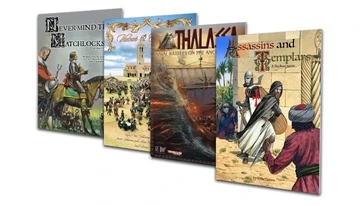A collection of four wargaming rule booklets is displayed, showcasing their colorful covers. From left to right, the titles include "Never Mind the Matchlocks," featuring a knight and soldiers, "Valour & Fortitude," depicting a large battle scene, "Thalassa," illustrating an ancient naval battle with a ship, and "Assassins and Templars," which features characters in a historical setting. Each booklet is designed to cater to different gaming themes, from the English Civil War to Napoleonic battles and ancient naval warfare.