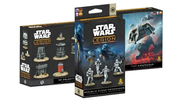 Three new Star Wars: Legion expansions are displayed, featuring distinct packaging for each. The foreground showcases the "Republic Clone Commandos" unit expansion, which includes four Clone army miniatures, while the background features the "T-47 Airspeeder" expansion, depicting the airspeeder in action. To the left, the "3D Objective Tokens" set is visible, highlighting various detailed tokens designed for gameplay.