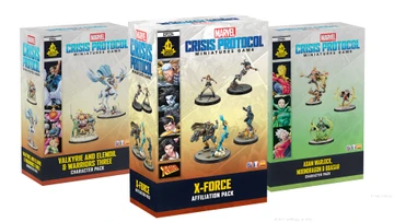 Three boxes of the "Marvel Crisis Protocol Miniatures Game" are displayed. The central box features the "X-Force Affiliation Pack," showcasing miniatures of characters like Cable and Domino, with vibrant colors and dynamic poses. The other two boxes on either side include "Adam Warlock & Moondragon" and "X-23," each adorned with artwork of their respective characters and game branding.
