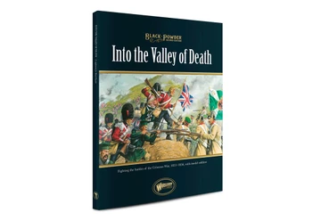 A book titled "Into the Valley of Death" from Warlord Games features a colorful cover illustration depicting a dramatic scene from the Crimean War. British and Russian soldiers are engaged in battle, with a prominent British flag and various military uniforms visible. The title and publisher's logo are displayed prominently at the top and bottom of the cover, emphasizing its connection to the Black Powder game system.