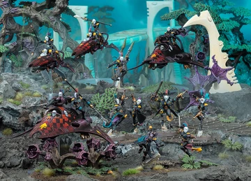 A dynamic scene showcases a group of Harlequin miniatures from Games Workshop, featuring vibrant colors and intricate details. The display includes two Skyweavers and a Starweaver, with Harlequin models in various poses, some wielding weapons and others in dramatic stances. The background features a fantastical landscape with alien flora, enhancing the colorful and theatrical theme of the Harlequins.