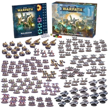 A large collection of 10mm-scale miniatures and game components for the Epic Warpath Battle for Phrovox starter set is displayed. The set includes a rulebook, tokens, and dice, alongside 440 plastic miniatures representing two armies: the Earth’s Enforcers and the Plague. Various types of miniatures are arranged, including infantry, vehicles, and command units, showcasing a diverse array of sci-fi designs and colors.