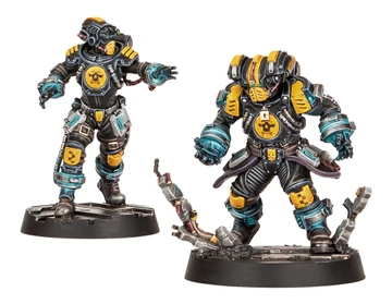 Two miniatures of Psi Judges Palanite Enforcers are displayed, showcasing their distinct designs. On the left, a Psyrender is depicted with a sleek black and yellow suit, featuring blue accents and a skull emblem on the chest, gesturing as if using psychic powers. On the right, a Bonecrusher stands in a more imposing stance, with a bulkier frame and similar color scheme, holding a weapon that appears to be a twisted piece of metal. Both figures are mounted on circular bases, set against a simple dark background.