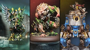 A detailed steampunk miniature of Mortenebra, the Iron Liche, stands prominently on the left, featuring intricate armor with green and gold accents, large metallic wings, and a skeletal visage. On the right, a fierce creature resembling a werewolf is depicted, with a muscular build, wild fur, and a menacing expression, adorned with foliage and sharp claws. Both figures are set against contrasting dark and moody backgrounds, highlighting their unique designs.