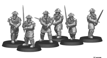 A group of four 28mm scale miniatures, known as Trench Raiders, are depicted in a grayscale design. Each figure is wearing a Brodie helmet with an integrated gas mask and is dressed in long coats, showcasing a variety of poses. They are armed with different weapons, including a sword and a firearm, and stand on circular bases, emphasizing their versatility for various gaming scenarios.