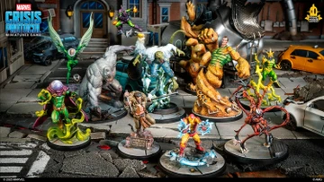 A dynamic scene features a group of iconic Spider-Man villains from the Marvel: Crisis Protocol game, set against a detailed urban backdrop. Prominent figures include Mysterio in a green and purple costume, the hulking Lizard, and Kraven the Hunter, all depicted in vibrant colors and intricate miniature detail. The setting includes a damaged street with a vehicle and a warning sign that reads "DANGER DO NOT ENTER THE ANIMALS," enhancing the dramatic atmosphere.