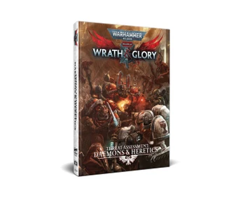 A physical edition of "Warhammer 40,000: Wrath & Glory, Threat Assessment: Daemons & Heretics" is displayed, featuring a striking cover illustration. The artwork depicts various Chaos forces, including armored figures and menacing creatures, set against a dark, chaotic background. The title is prominently featured at the top, with the subtitle "Threat Assessment: Daemons & Heretics" displayed at the bottom, emphasizing the book's focus on the forces of Chaos in the Warhammer 40,000 universe.