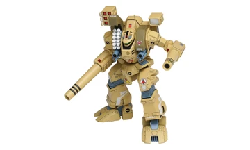 A 1/100 scale model kit of the Tomahawk mech, featuring a tan and beige color scheme with blue and red accents. The mech is posed dynamically, showcasing its bipedal stance, large arm-mounted cannon, and missile pods on its shoulder. Various decals are visible on the body, including a prominent emblem and the number "194."