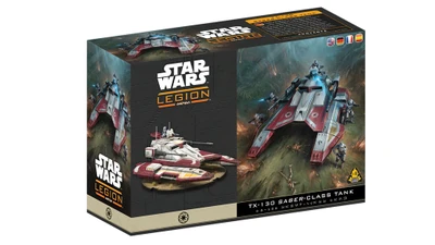 A box for the TX-130 Saber-class Tank expansion from Star Wars: Legion features a prominent illustration of the tank in action, showcasing its sleek design with red and white accents. The box also displays the miniature of the tank prominently on the front, alongside the game's logo and title. The background depicts a lush battlefield scene, enhancing the thematic elements of the Galactic Republic's military presence.