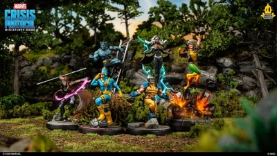 A dynamic scene features several miniatures from the Marvel Crisis Protocol Miniatures Game, showcasing iconic X-Men characters. Cyclops stands prominently in the center, flanked by Wolverine, Storm, Rogue, Gambit, and Beast, each in action poses with vibrant details. The backdrop includes lush greenery and rocky terrain, enhancing the adventurous atmosphere of the scene.