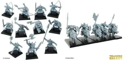 A collection of ten grey plastic orc miniatures is displayed on black bases, showcasing various poses and weapons. The orcs are equipped with a mix of weapons, including bows, swords, axes, and shields, highlighting their battle-ready stance. Each figure features distinct facial expressions and armor details, emphasizing their fierce and aggressive nature.