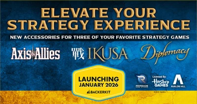 A promotional graphic features the text "ELEVATE YOUR STRATEGY EXPERIENCE" in bold, gold lettering against a textured blue background. Below, the names of three strategy games—"Axis and Allies," "IKUSA," and "Diplomacy"—are displayed in white and gold fonts. A yellow badge at the bottom reads "LAUNCHING JANUARY 2026" with the Backerkit logo, indicating the upcoming campaign for game accessories.