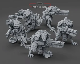 A group of five armored cyberrats is displayed, showcasing intricate details in their design. Each rat is equipped with distinctive rifles, featuring both long and short barrels, and is adorned with various mechanical components and armor plating. The models are presented in a gray, unpainted finish, highlighting their sci-fi aesthetic and the craftsmanship involved in their sculpting.