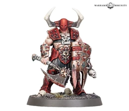 A muscular warrior stands prominently, adorned in red and black armor with sharp spikes and skull motifs. He wields a large, menacing axe in one hand and a shield with jagged edges in the other, both showcasing intricate detailing. His head is covered by a horned helmet, and he stands on a rocky base with sparse grass and skulls scattered around.