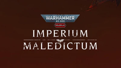 The image features the title "IMPERIUM MALEDICTUM" prominently displayed in bold, white lettering against a dark red background. Above the title, the "WARHAMMER 40,000" logo is showcased in a metallic blue and silver design, with the word "ROLEPLAY" highlighted in a red hexagon. The overall aesthetic conveys a sense of ominous grandeur, fitting for the Warhammer 40,000 universe.