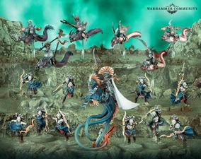 A dynamic scene showcases a variety of Idoneth Deepkin models, featuring a central figure, the Ikon of the Sea, with a flowing white banner and intricate armor, surrounded by other aelves in vibrant blue and orange hues. Several mounted warriors ride sleek sea creatures, while others stand poised with weapons, all set against a textured, rocky underwater backdrop with a greenish hue. The composition highlights the diverse range of new models, including the Akhelian Tide Guard and Namarti Reavers, emphasizing their aquatic theme and battle-ready stance.