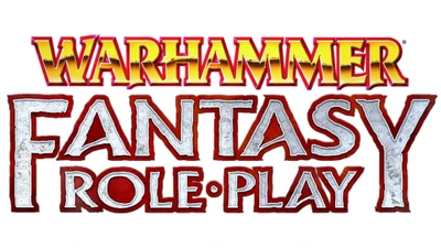 The logo for "Warhammer Fantasy Roleplay" features bold, stylized text with "Warhammer" in gold and "Fantasy Roleplay" in a combination of red and silver. The letters are designed with a dynamic, eye-catching flair, emphasizing the fantasy theme. The overall design conveys a sense of adventure and excitement, fitting for a tabletop role-playing game.