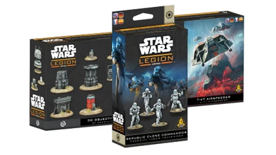 Three new Star Wars: Legion expansions are displayed, featuring distinct packaging for each. The foreground showcases the "Republic Clone Commandos" unit expansion, which includes four Clone army miniatures, while the background features the "T-47 Airspeeder" expansion, depicting the airspeeder in action. To the left, the "3D Objective Tokens" set is visible, highlighting various detailed tokens designed for gameplay.