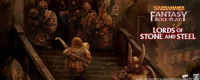 A group of dwarves is depicted in a dimly lit stone corridor, with one dwarf in the foreground facing the viewer, wearing a detailed armor and a large helmet. In the background, two other dwarves are engaged in conversation, one holding a shield and the other a weapon, suggesting a moment of preparation or strategy. The title "LORDS OF STONE AND STEEL" is prominently displayed, along with the "Warhammer Fantasy Role-Play" logo at the top.
