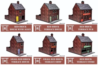A collection of six 28mm scale MDF buildings is displayed, featuring a red brick design. The buildings include a "Red Brick House with Alley," "Red Brick Terrace House," "Red Brick Terrace Pub," "Small Red Brick Terrace House," "Small Red Brick Terrace Shop," and "Red Brick Terrace Store." Each building showcases distinct features, such as varying door colors and signage options, suitable for various historical genres.