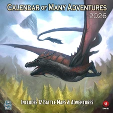 A dramatic illustration features a large, menacing dragon soaring through a mountainous landscape, with its wings spread wide and a fierce expression. The background includes rolling hills and a cloudy sky, enhancing the sense of adventure. The text "Calendar of Many Adventures 2026" is prominently displayed at the top, along with the note "Includes 12 Battle Maps & Adventures" at the bottom, indicating the content of the calendar.