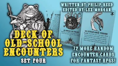 A detailed illustration features a bear-like creature at the top, surrounded by various fantasy-themed cards displaying encounter descriptions. The cards include titles such as "An Undead Eye Tyrant" and "ID3 Extraplanar Terrors," showcasing unique monsters and scenarios for tabletop RPGs. The text prominently states "Deck of Old-School Encounters Set Four" and highlights that this set includes 72 new random encounter cards for fantasy role-playing games.