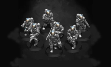 A group of six sci-fi miniatures, each wearing detailed space suits with reflective helmets, is arranged on circular bases. The figures are posed in various stances, some holding weapons while others appear to be gesturing or preparing for action. The miniatures are rendered in a monochromatic color scheme, highlighting their intricate designs and features.