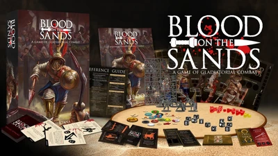 A dynamic display of the game "Blood on the Sands" features a prominent cover illustration of a gladiator in armor, wielding a sword, set against a backdrop of an arena. Surrounding the central image are various game components, including a reference guide, character cards, tokens, and a sprue of miniatures, all laid out on a sandy surface. The title "BLOOD ON THE SANDS" is boldly presented at the top, emphasizing the game's focus on gladiatorial combat.