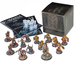 A collection of detailed resin miniatures from the Sythopian Wars starter set titled "VoidSiege" is displayed prominently. The scene includes various character models and units, such as the Asylumist N-Force and the Confederation forces, arranged around two copies of the 28-page rulebook and a set of dice. A box featuring futuristic design elements is also present, adding to the thematic presentation of the game.