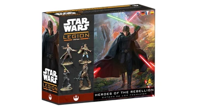 A box for the "Star Wars: Legion" tabletop game features a dynamic illustration of a character wielding a green lightsaber, dressed in dark robes, set against a vibrant background of a forested landscape with futuristic structures. The left side of the box displays several miniatures, including characters resembling a Wookiee and other Rebel figures. The title "Heroes of the Rebellion" is prominently featured at the bottom, along with various language icons.