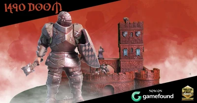 A detailed scene features a medieval-style castle tower made of dark stone, complete with battlements and blue banners hanging from the windows. In the foreground, a knight in armor holds a shield adorned with a checkered pattern, standing ready for battle. The background is filled with a dramatic red sky, enhancing the grimdark atmosphere of the setting. The text "NOW ON gamefound" is prominently displayed in the lower corner, along with a badge indicating a tabletop gaming award.