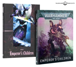 A striking display features two editions of the "Codex: Emperor’s Children" for Warhammer 40,000. On the left, a dark cover showcases a dynamic illustration of a warrior wielding a sword, while the right cover presents a vibrant image of a heavily armored figure with a weapon, both embodying the chaotic essence of the Emperor’s Children. The titles "Codex: Emperor’s Children" are prominently displayed on both covers, emphasizing the focus on this faction's lore and gameplay.