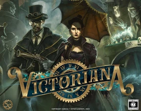 A steampunk-themed illustration features two characters prominently: a man in a top hat and goggles, holding a pistol, and a woman in a dark, elegant dress with an umbrella. They stand against a backdrop of a mysterious, dimly lit London street filled with fantastical elements, including glowing artifacts. The title "VICTORIANA" is displayed in a decorative font, surrounded by gears and clock motifs, emphasizing the game's blend of magic and alternate history.