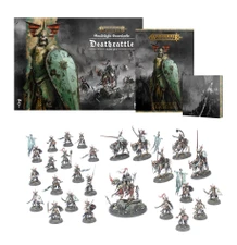 A collection of miniatures and game components from the Soulblight Gravelords Deathrattle Army Set is displayed. In the center, a mounted Wight King stands prominently, surrounded by five Barrow Knights and 20 Barrow Guard figures, all intricately detailed. The set also includes the Battletome: Soulblight Gravelords and a set of warscroll cards, with the packaging featuring dark, atmospheric artwork that complements the undead theme.