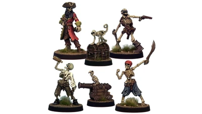 A set of five miniatures features a quartet of Skeleton Pirates and their companions. The swashbuckling captain stands prominently, dressed in a red coat and tricorn hat, while a skeletal monkey perches on a treasure chest beside him. The crew includes three additional skeletons: one holding a bottle, another brandishing a sword, and the last aiming a pistol, with a skeletal parrot sitting atop a cannon.