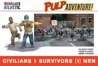 A group of 24 multi-part plastic miniatures representing modern civilians and post-apocalyptic survivors, set against an urban backdrop. The figures include a variety of poses, with some holding weapons and others carrying signs, such as one that reads "RISE UP!" The scene features a mix of clothing styles, showcasing a diverse range of characters suitable for tabletop gaming.