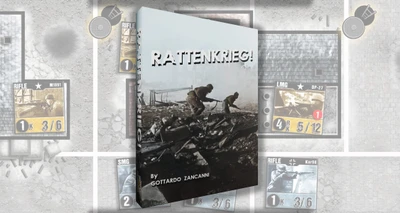 A game box for "RATTENKRIEG!" features a dramatic black-and-white image of two soldiers navigating through a war-torn landscape, emphasizing the game's focus on the Battle of Stalingrad. The title "RATTENKRIEG!" is prominently displayed in bold, white letters at the top, with the designer's name, Gottardo Zancanni, listed below. In the background, various game components, including counters and maps, are partially visible, hinting at the game's intricate mechanics and immersive experience.
