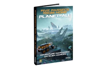 A book titled "Five Parsecs From Home: Planetfall" is prominently displayed, featuring a vibrant cover illustration. The scene depicts a rugged alien landscape with a large vehicle in the foreground, surrounded by lush vegetation and remnants of crashed starships in the background. The title is boldly printed at the top, with the subtitle "Adventure Wargaming on Alien Worlds" at the bottom, emphasizing the game's focus on exploration and tactical combat.