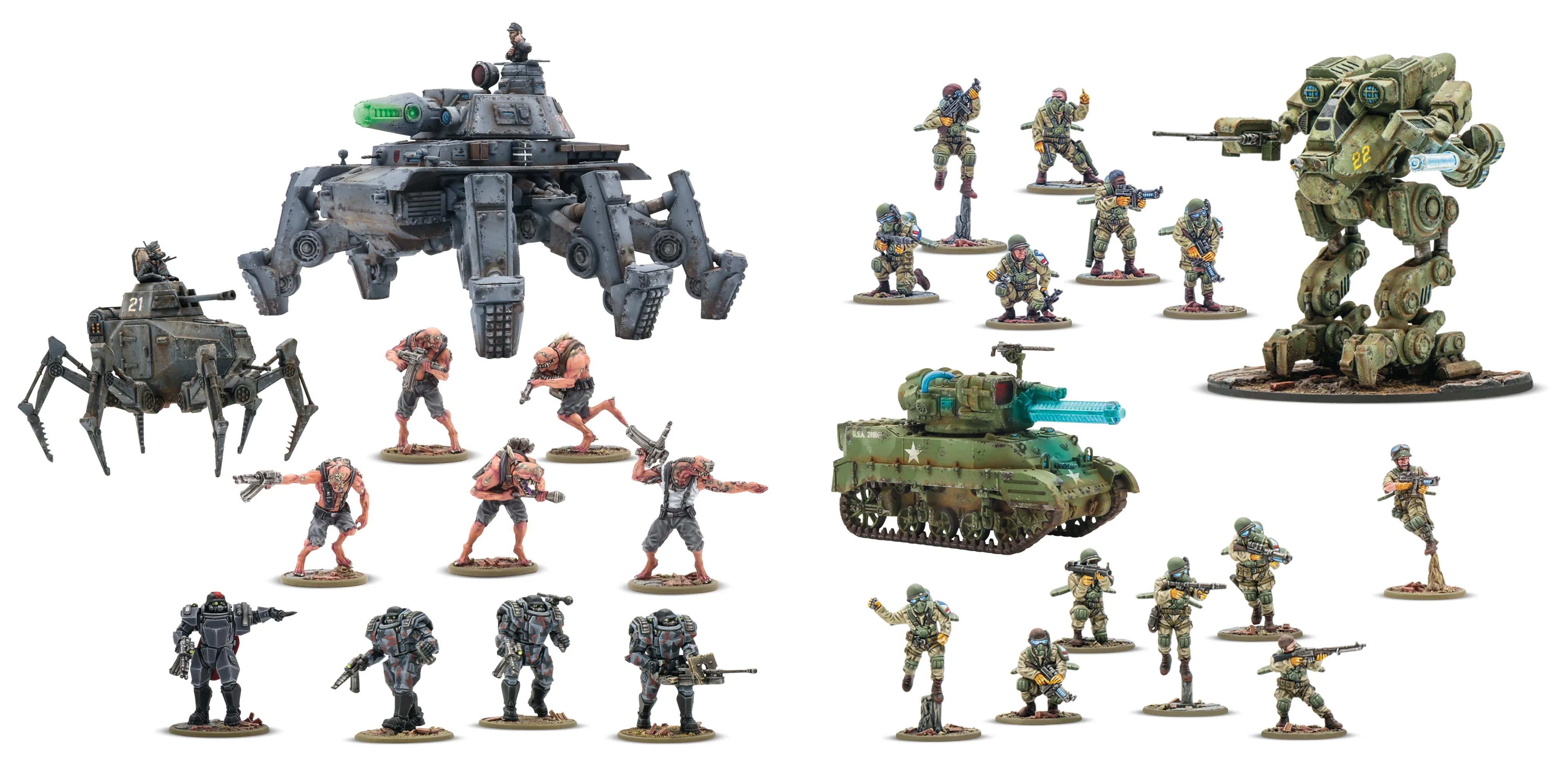 A large, multi-legged mech stands prominently on the left, featuring a turret and various mechanical details. Surrounding it are several infantry miniatures, including two distinct groups: one with heavily armored soldiers in gray and black, and another with more lightly equipped troops in casual attire, some wielding weapons. On the right, a green tank with a turret is accompanied by additional soldiers in military gear, showcasing a mix of poses and weaponry.