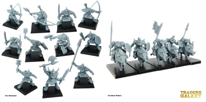 A collection of ten grey plastic orc miniatures is displayed on black bases, showcasing various poses and weapons. The orcs are equipped with a mix of weapons, including bows, swords, axes, and shields, highlighting their battle-ready stance. Each figure features distinct facial expressions and armor details, emphasizing their fierce and aggressive nature.