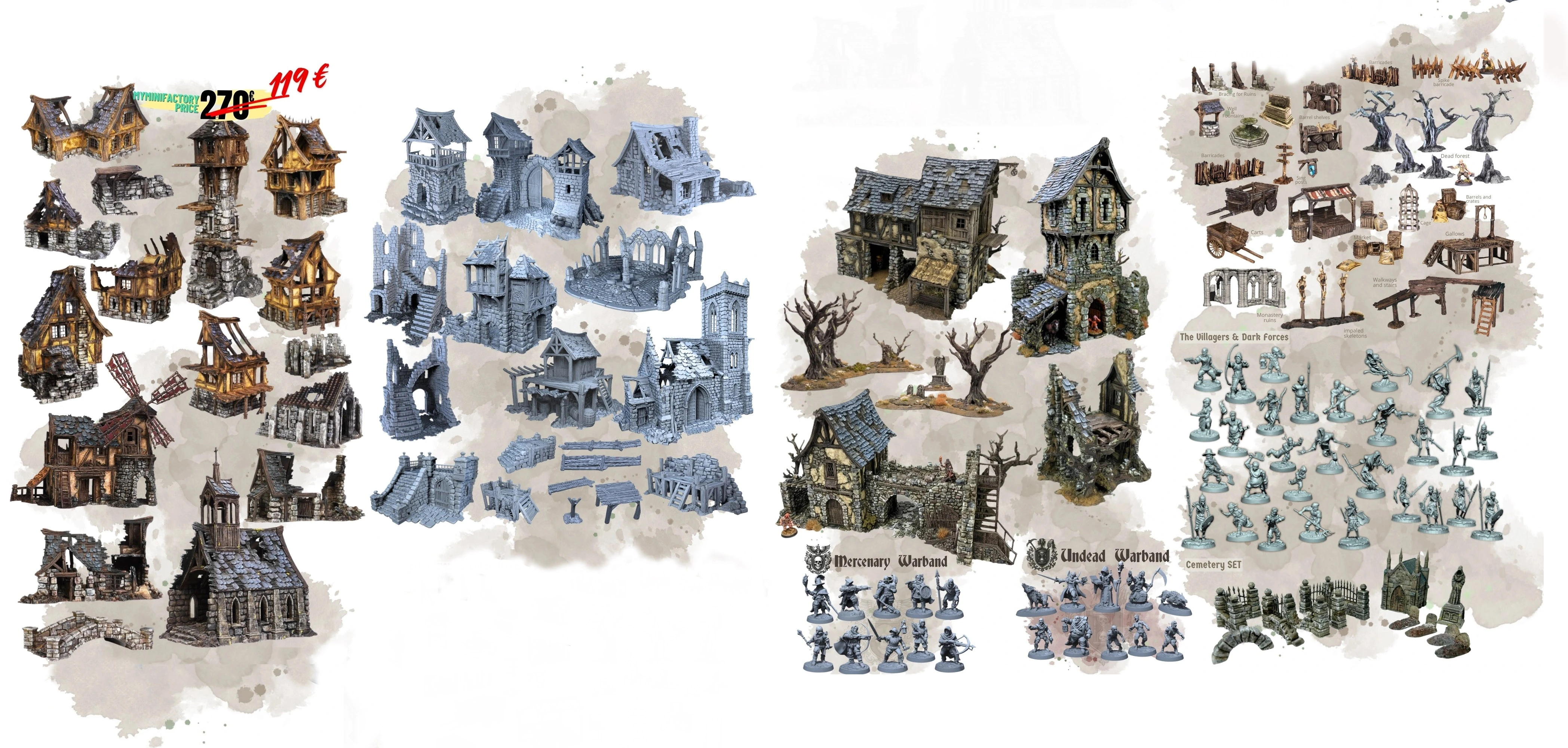 A collection of detailed 3D models showcases various fantasy buildings and structures, including dilapidated houses, a church, and a ruined archway, all rendered in shades of gray and brown. On the right side, a set of miniatures representing a mercenary warband is displayed, featuring figures in armor wielding weapons. The background is a light, textured wash that enhances the focus on the models and miniatures.