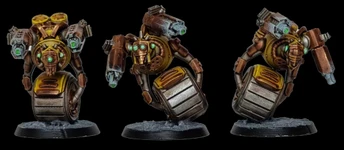 A detailed miniature of a robotic character features a round body with a metallic, silver barrel-like base and a prominent, circular golden core. It has two mechanical arms, one equipped with a green-tipped weapon and the other with a series of intricate gears and glowing green eyes. The figure stands on a textured black base, showcasing a weathered, industrial aesthetic with hints of rust and wear.