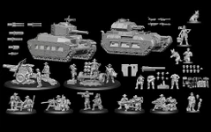A collection of grey 3D-printed miniatures showcases various elements from the Space Aussies 2: Mechanised Kangaroo Kickstarter. Prominent features include two armoured tanks, a cannon with crew, and multiple infantry figures in dynamic poses, all wearing boonie hats. Additional components such as weapon accessories, alternative turrets, and various tools are also displayed, set against a black background.