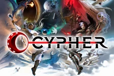A dynamic and colorful illustration showcases various characters and scenes from the Cypher RPG universe, blending elements of fantasy, sci-fi, and adventure. Prominent figures include a warrior with a sword, a character with flowing hair and intricate armor, and a dragon-like creature, all set against a backdrop of swirling colors and celestial bodies. The word "CYPHER" is boldly displayed across the center, highlighted by a striking red line.