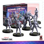 A set of six cyborg miniatures from Monster Fight Club's "Going Metal" collection, designed for the Cyberpunk Combat Zone game, is displayed in the foreground. Each miniature features a unique design, showcasing various cybernetic enhancements, and stands on circular black bases. Behind them, the packaging for the set is visible, featuring vibrant artwork and the title "GOING METAL" prominently displayed.