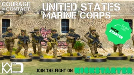 A group of five U.S. Marine miniatures is depicted, each in tactical gear and holding weapons, set against a backdrop of a weathered building with visible stone walls and a window. The miniatures are painted in a camouflage pattern, and they stand on circular bases with tufts of grass around them. The text "COURAGE IN CONTACT" and "UNITED STATES MARINE CORPS" is prominently displayed, along with a call to action to "JOIN THE FIGHT ON KICKSTARTER."