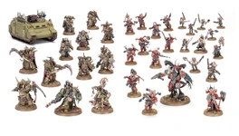 A collection of miniatures representing the forces of Khorne and Nurgle from Games Workshop. On the left, a green armored vehicle is accompanied by several Nurgle-themed figures, characterized by their grotesque details and muted colors. On the right, Khorne warriors are depicted in vibrant red and black armor, showcasing a variety of weapons and dynamic poses, all set on circular bases.