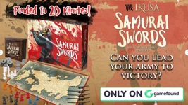 A vibrant promotional image for the 40th anniversary edition of "Ikusa Samurai Swords" features the game box prominently displayed against a textured red background. Below the box, a detailed game board depicting a map of feudal Japan is visible, along with several black samurai swords arranged in a fan shape. Bold text at the top reads "Play in 20 Minutes!" while the bottom includes a call to action stating "ONLY ON Gamefound."